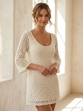 AUW Cream Crochet Scoop-Neck Mini Dress with Bell Sleeves